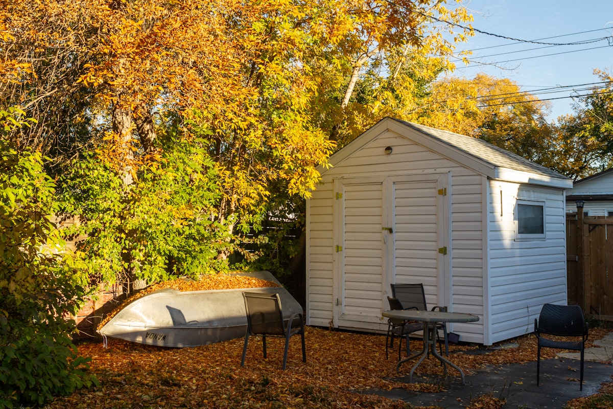 White storage shed installed in a backyard
