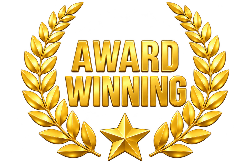 A sturdy gold laurel wreath, shaped like well-fitted trim around a frame, surrounds bold gold letters that read AWARD WINNING, with a solid gold star posted firmly at the bottom—all set against a plain white background. - Shed Builders Ready