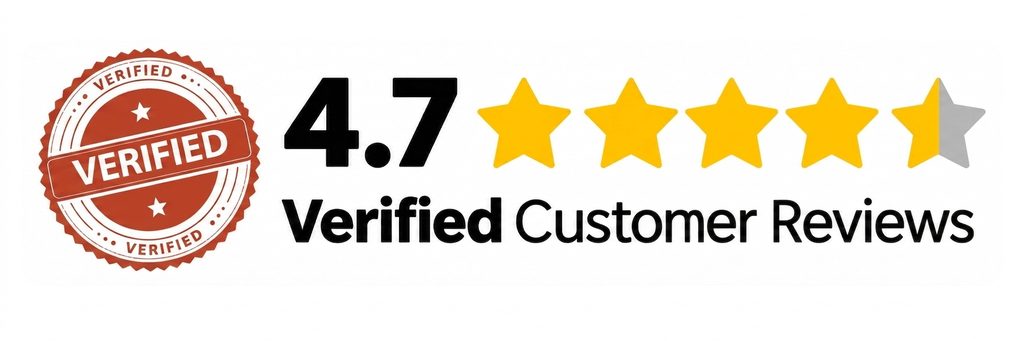 A sturdy red Verified badge stands out, with bold black numbers reading 4.7 alongside the words Verified Customer Reviews—like a builder’s seal of approval. Four solid yellow stars and a half-star, neatly stacked, showcase the rating just like well-fitted boards on a quality shed. - Shed Builders Ready