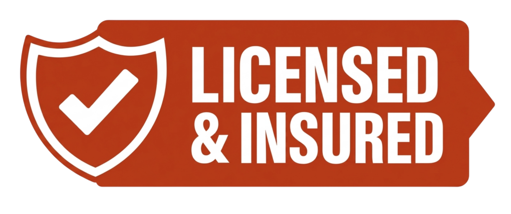A sturdy red sign, solid as a good shed wall, features a white checkmark inside a shield to the left and bold white capital letters on the right reading Licensed Insured—just like you’d want from any reliable builder. - Shed Builders Ready